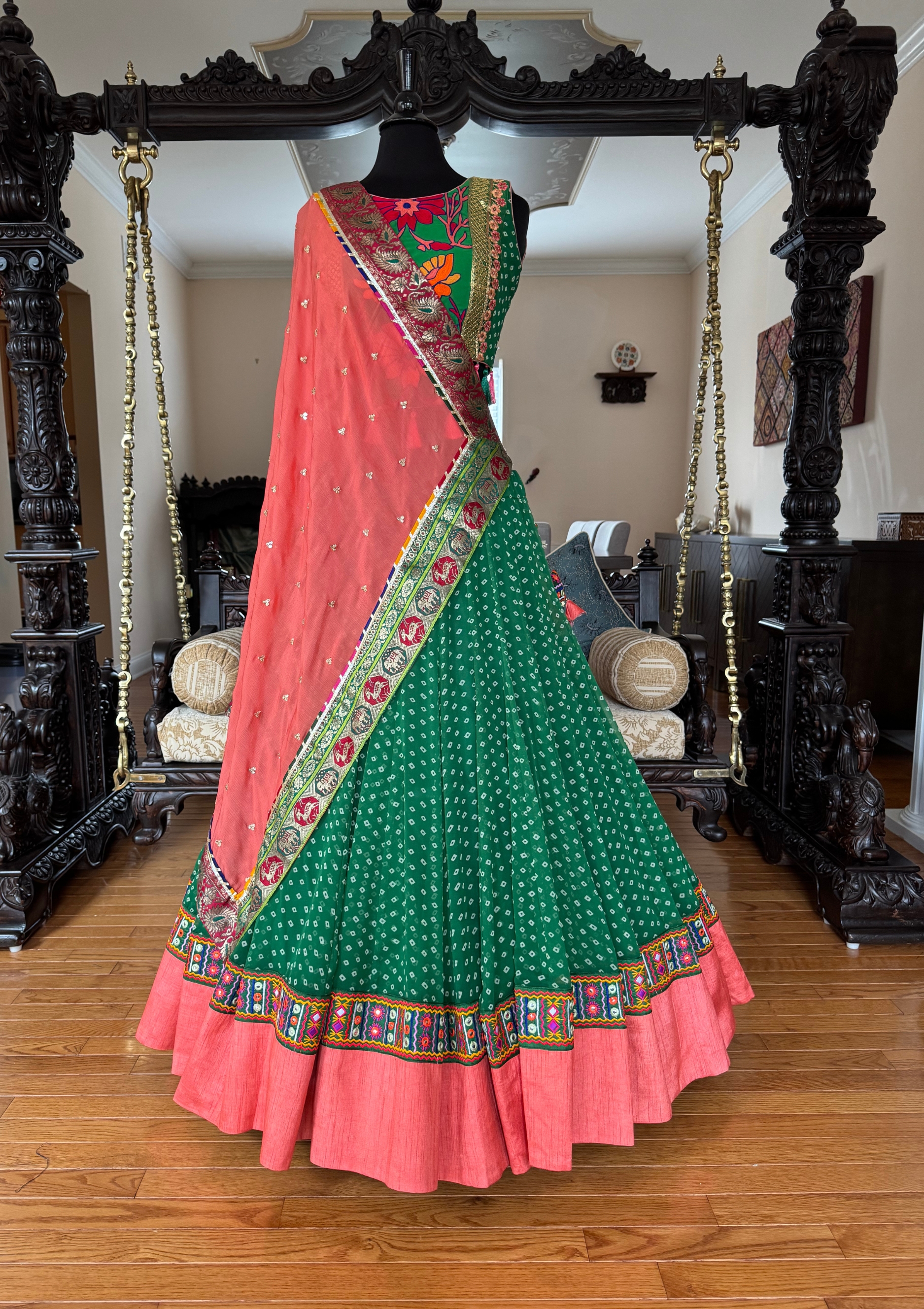 Green Bandhej Chaniya Peach Dupatta